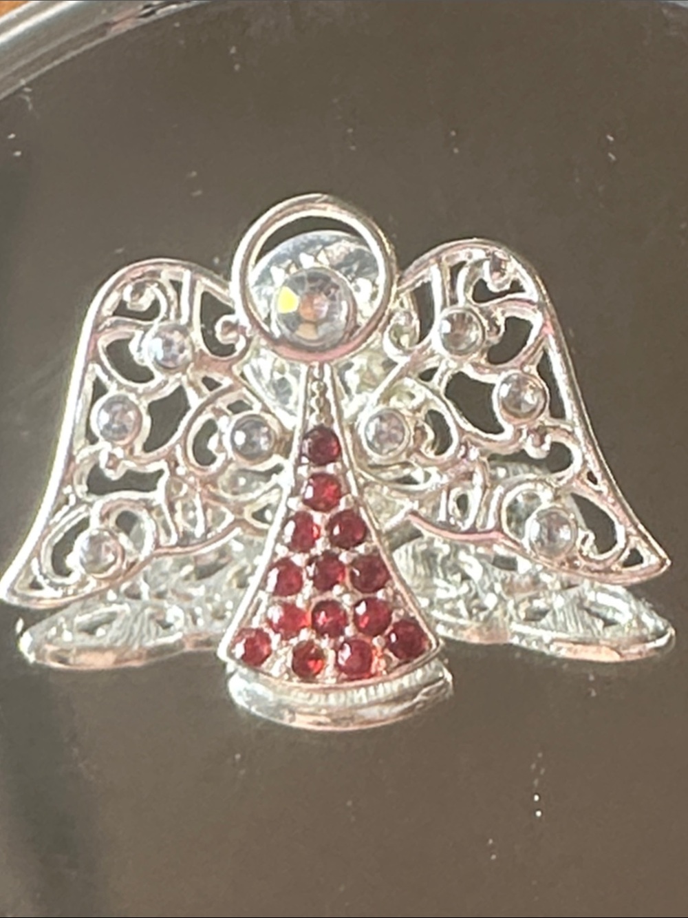 Silver Filigree Angel Pin with Red Crystal Accents